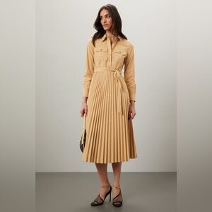 Derek Lam Tan Long Sleeve Pleated Dress